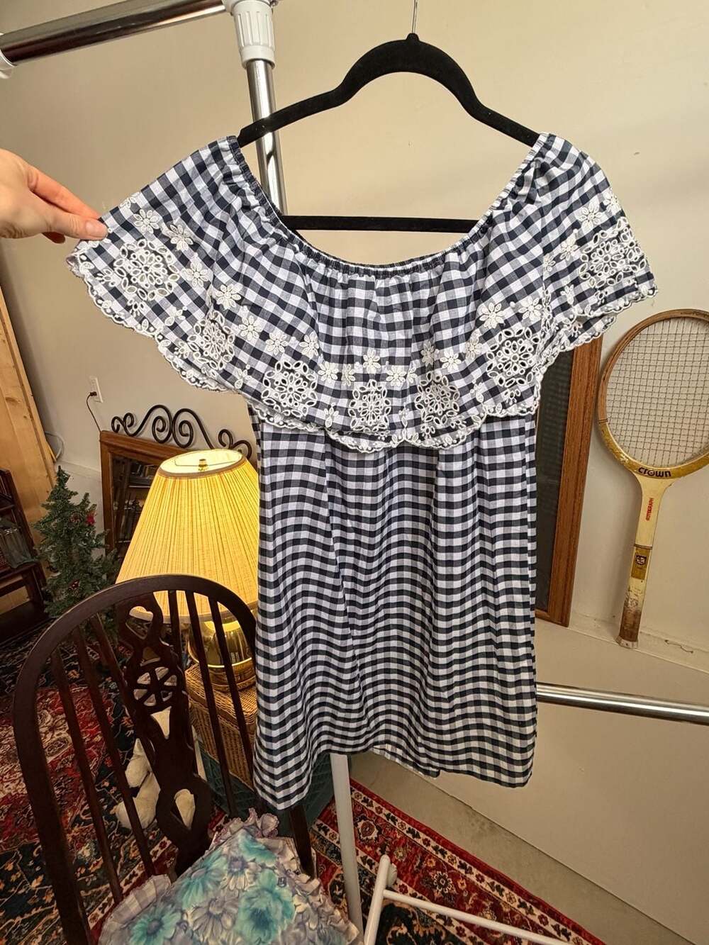 Gingham Plaid 100% Cotton Mini Dress Black White Eyelet Ruffle Farm Girl Milkmai